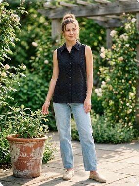 TABI Black 100% Cotton Eyelet Sleeveless Button Down Shirt